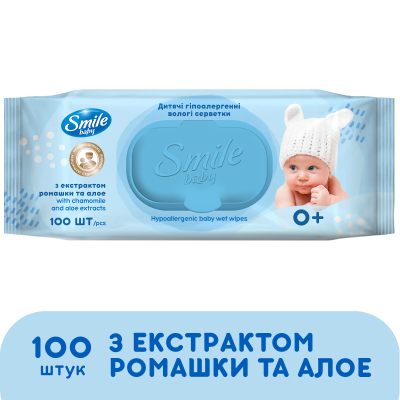U0752198_2big Дитячі вологі серветки Smile baby з екстрактом ромашки, алое і вітамінним комплексом з клапаном 100 шт (4823071653960)