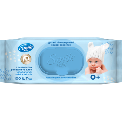 U0752198_big Дитячі вологі серветки Smile baby з екстрактом ромашки, алое і вітамінним комплексом з клапаном 100 шт (4823071653960)