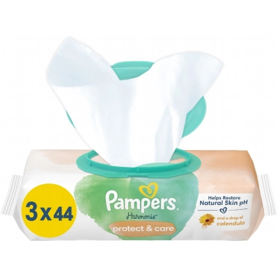 Дитячі вологі серветки Pampers Harmonie Protect&Care з календулою 3 пачки х 44 шт (8700216250672)
