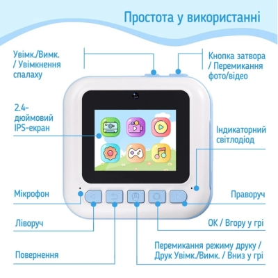 Дитячий фотоапарат ColorWay з функцією миттєвого друку (Blue) (CW-PHP01B)